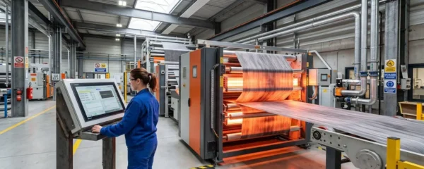 Ligne de production textile technique équipée de modules de traitement thermique infrarouge moyen, tissu composite défilant à haute cadence dans une usine française moderne
