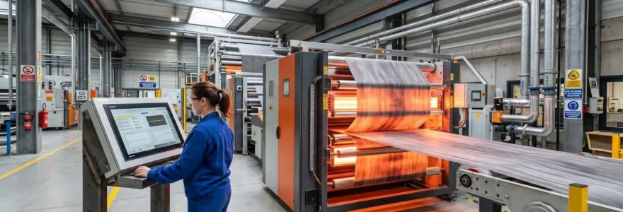 Ligne de production textile technique équipée de modules de traitement thermique infrarouge moyen, tissu composite défilant à haute cadence dans une usine française moderne
