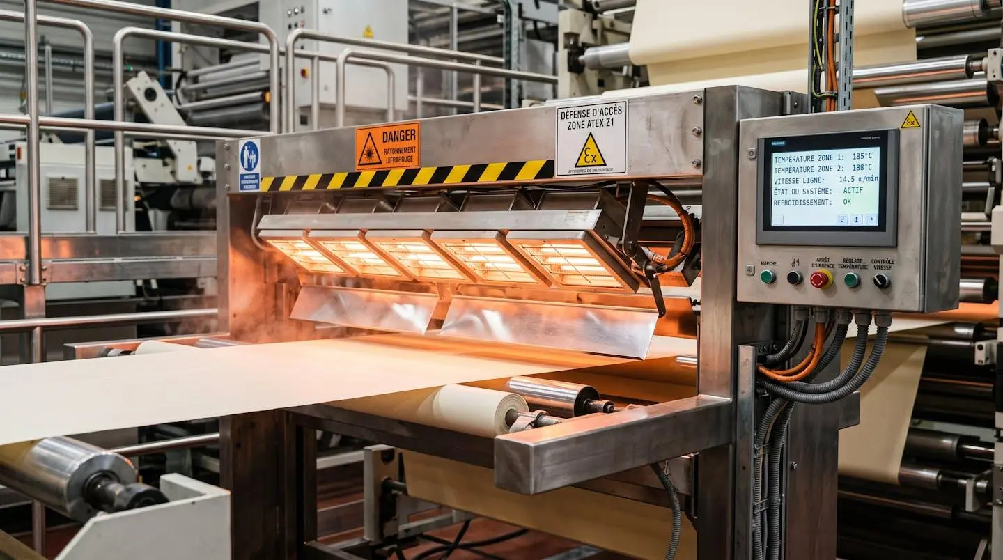 Système de traitement thermique infrarouge moyen en fonctionnement sur ligne de production textile, émetteurs IR céramiques chauffant un textile technique PVC à haute cadence